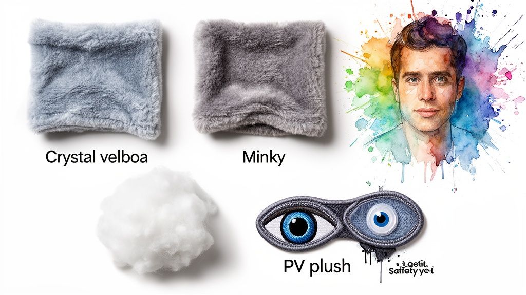 Display of plush toy materials: crystal velboa, minky fabric, fiberfill stuffing, and embroidered PV plush eyes.