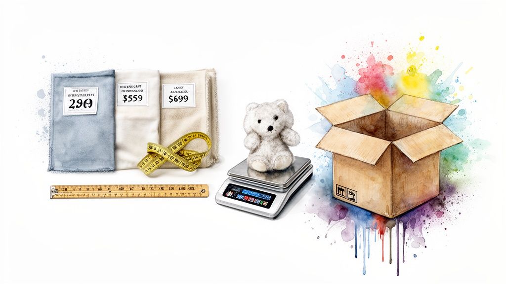 Plush toy manufacturing items: fabric samples, measuring tools, a teddy bear on a scale, and a shipping box.
