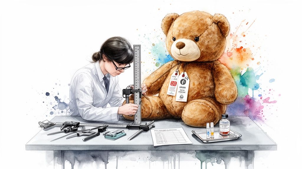 A scientist in a lab coat meticulously measures a large teddy bear with a ruler and caliper on a white table.