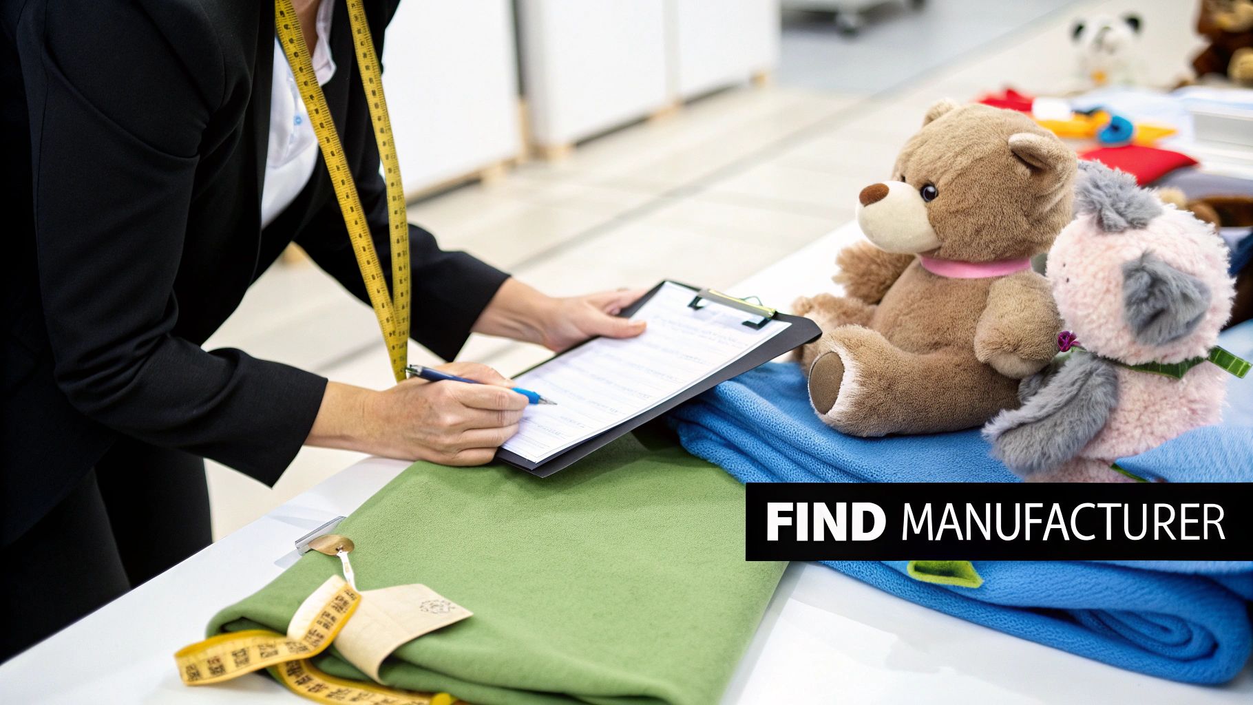 专业人员检查毛绒化妆品乳液、擦拭乳液,并用卷尺填写表格。