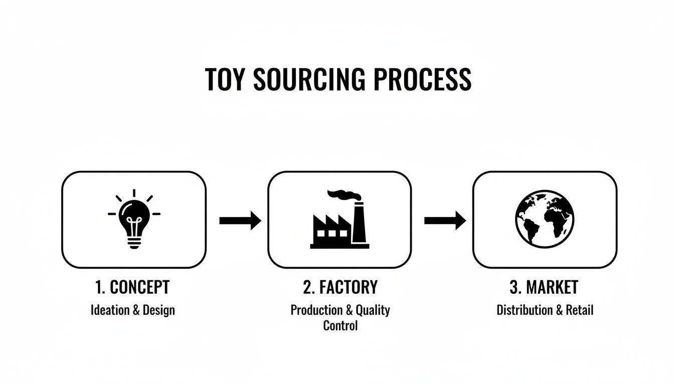 Flowchart illustrating the toy sourcing process: concept, factory, and market steps with relevant activities.