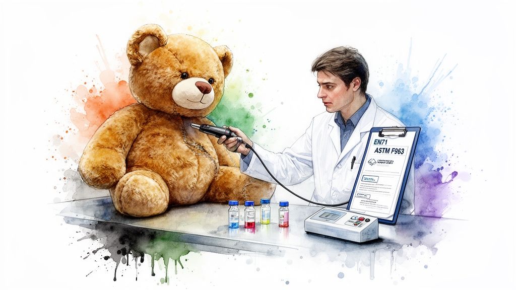 A scientist in a lab coat tests a large teddy bear with a device for toy safety compliance.