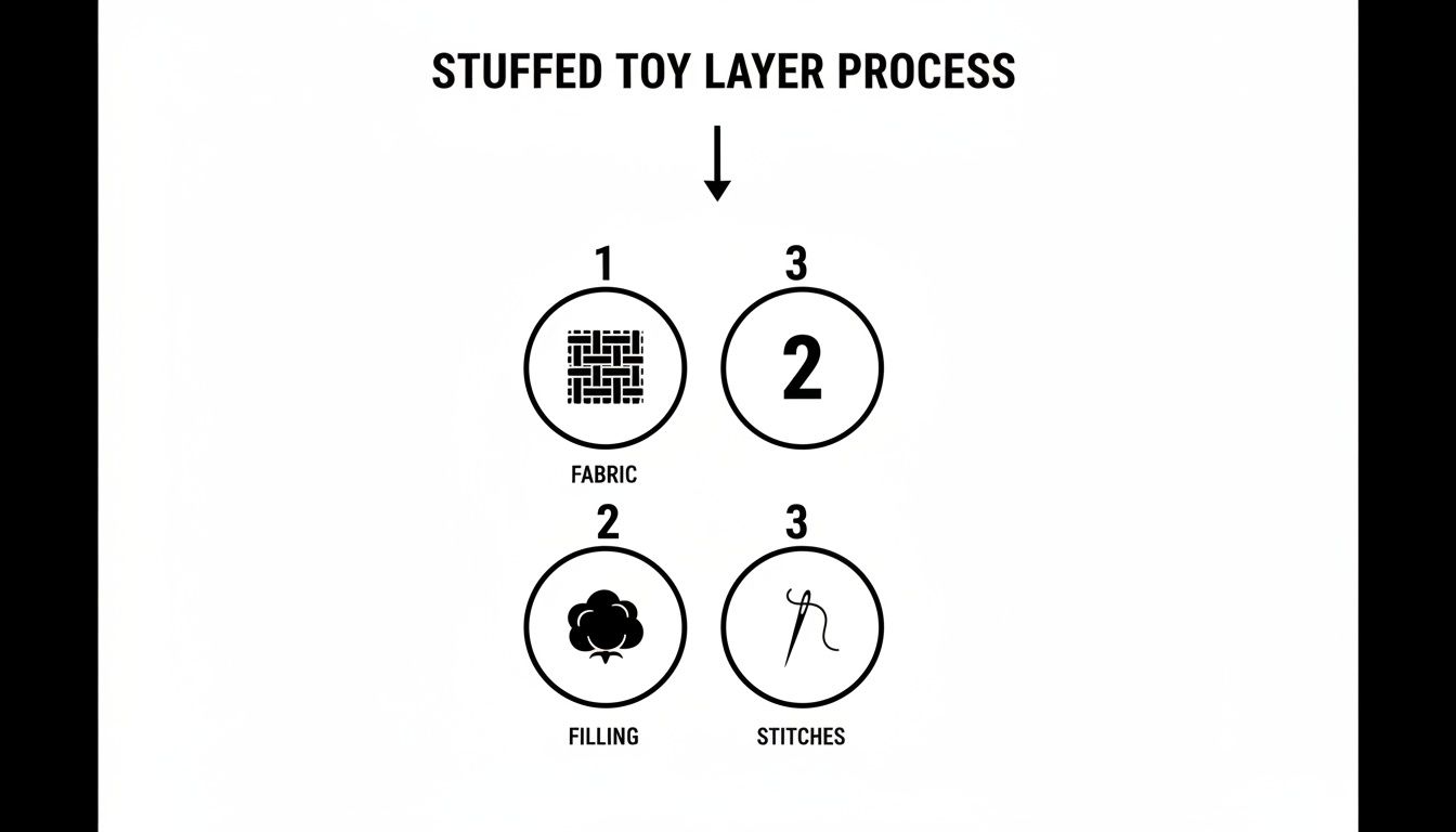 A detailed diagram outlining the stuffed toy layer process, including fabric, filling, and stitches.