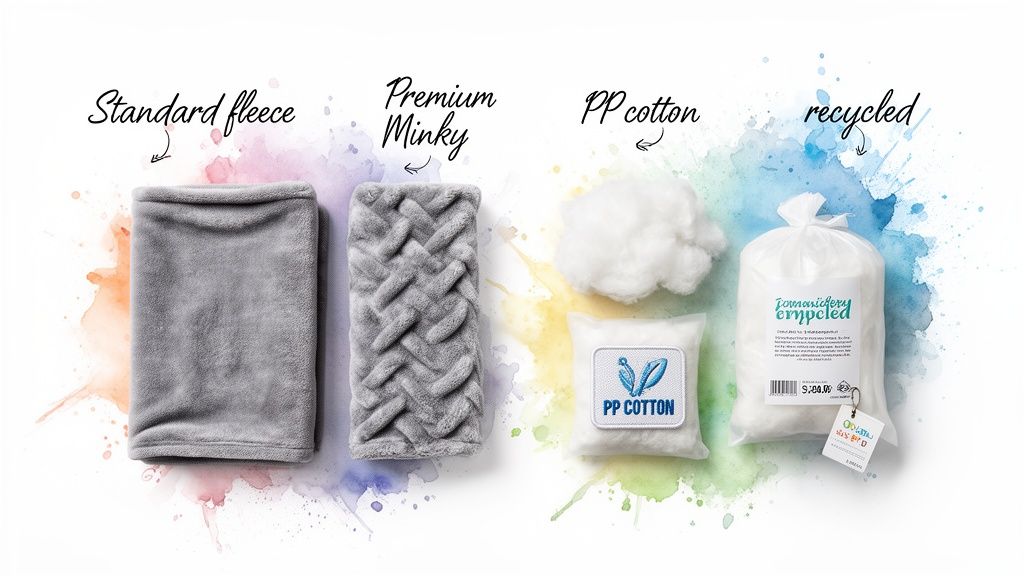 Four different filling materials for plush toys: standard fleece, premium minky, PP cotton, and recycled stuffing.