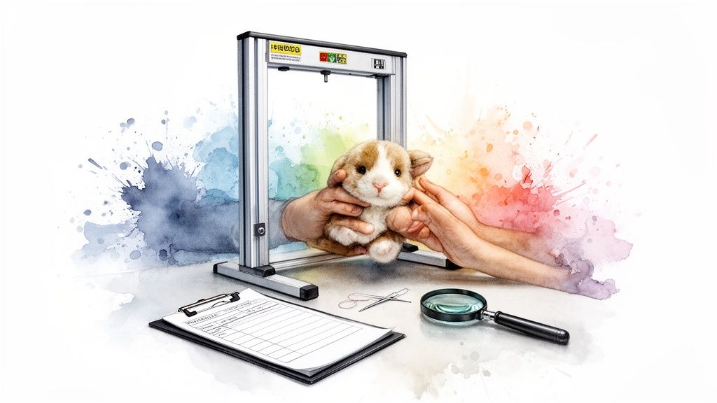 Hands carefully hold a cute plush animal within a metallic frame, surrounded by artistic watercolors and lab tools.