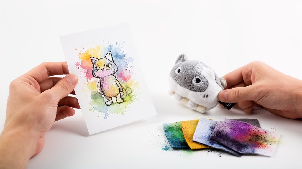 A person holding a colorful watercolor drawing of a cat and a corresponding plush toy with craft supplies.