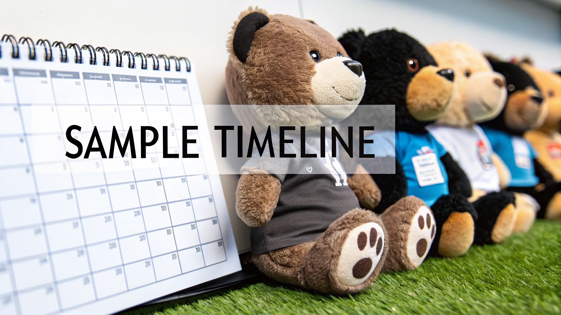 绿色人造草坪上的货架上放着一排毛绒泰迪熊,旁边放着一个台历,台历上面竖着“样本时间线”字样。