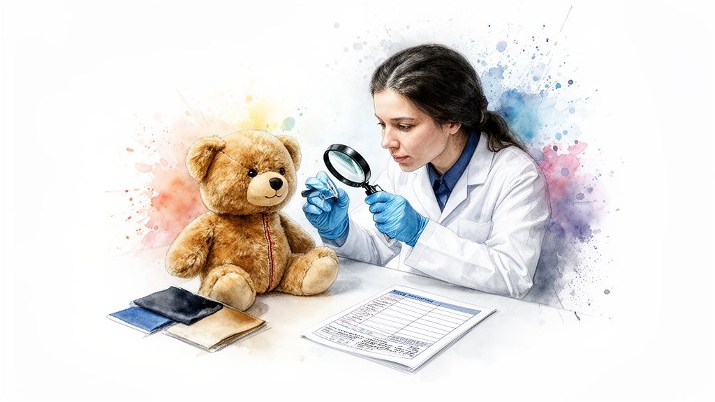 A scientist in a lab coat and gloves examines a teddy bear with a magnifying glass.