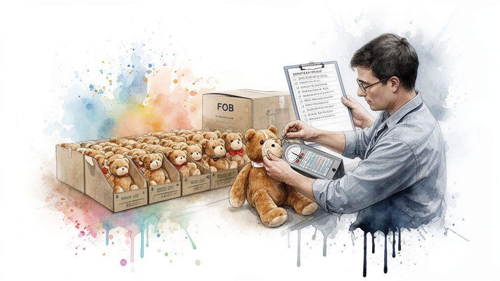 A person inspects a teddy bear with a device and checklist, surrounded by boxes of toys.
