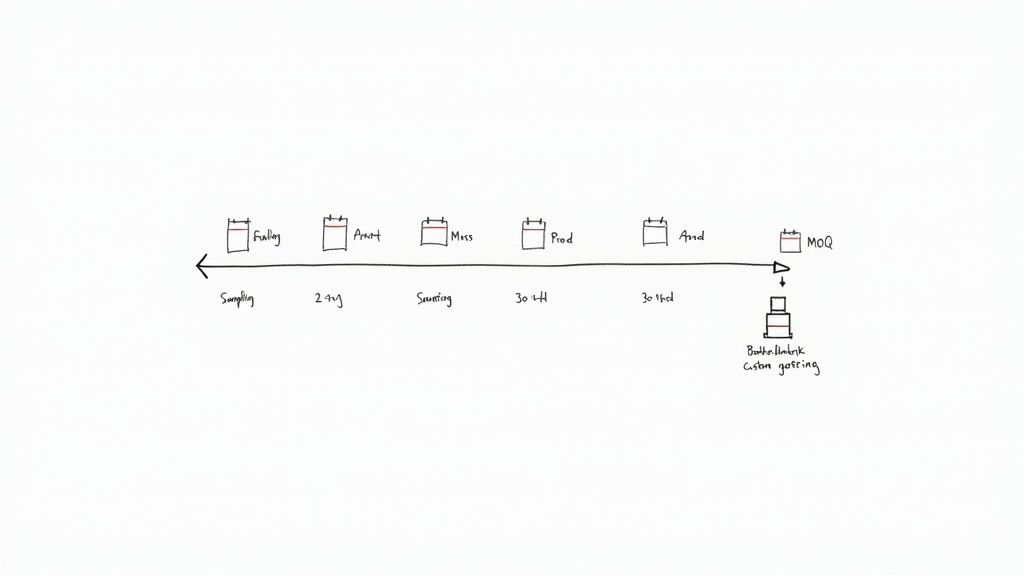 A hand-drawn process timeline displays stages like sampling, sourcing, production, and a custom tooling bottleneck.