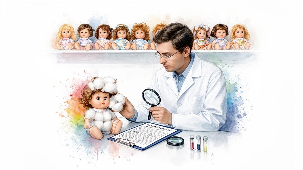 A scientist in a lab coat examines a cotton doll with a magnifying glass and test tubes.