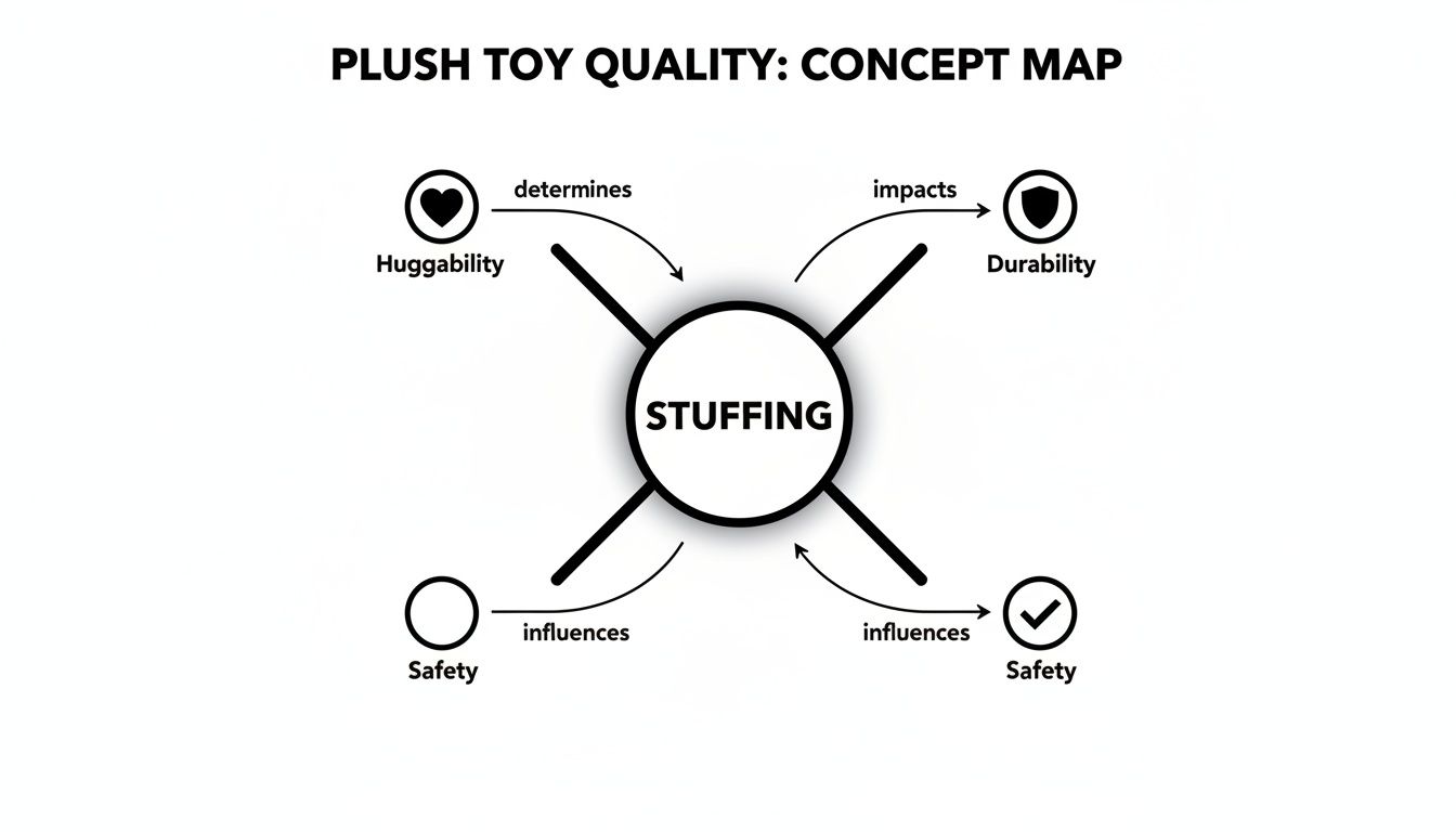 A concept map illustrating how plush toy stuffing determines huggability, impacts durability, and influences safety.