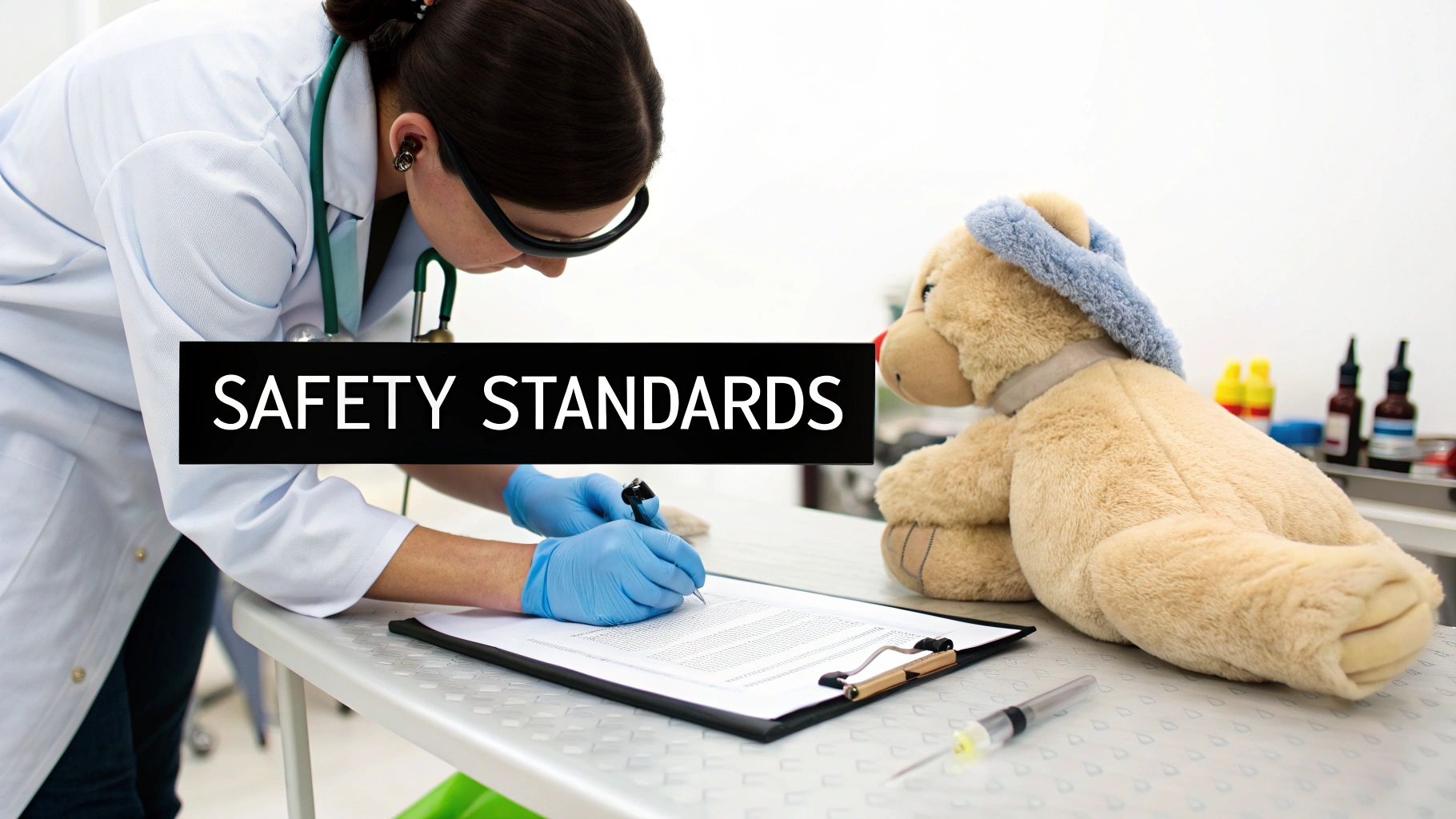 A medical professional in a lab coat and gloves writes next to a teddy bear, text 'SAFETY STANDARDS'.