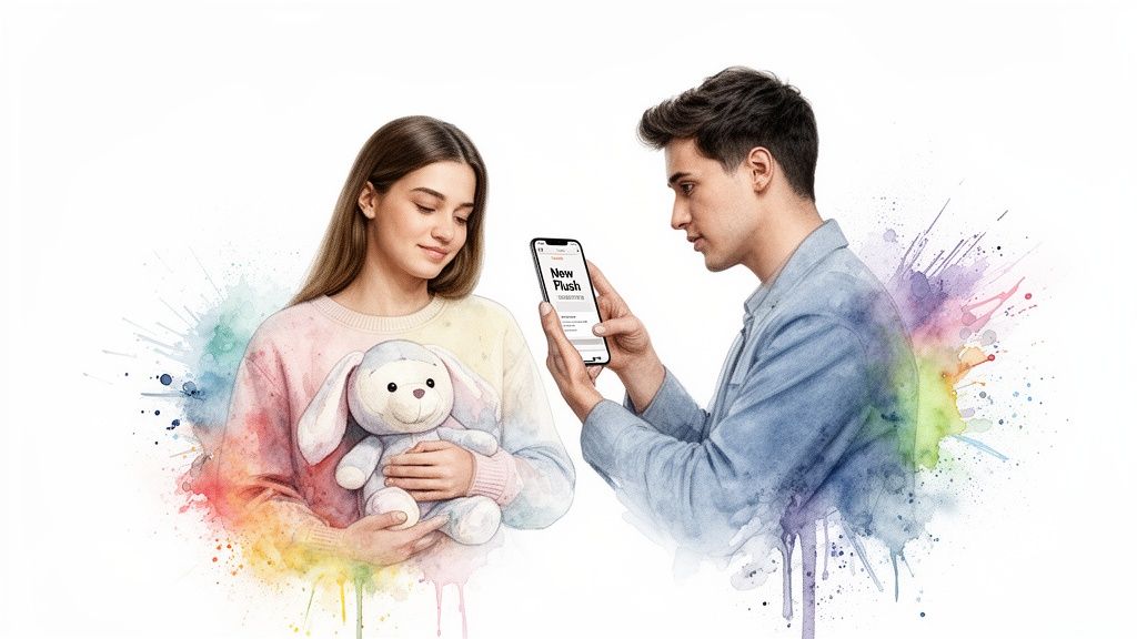 A woman holding a white bunny plush toy looks at a man holding a phone displaying 'New Plush'.
