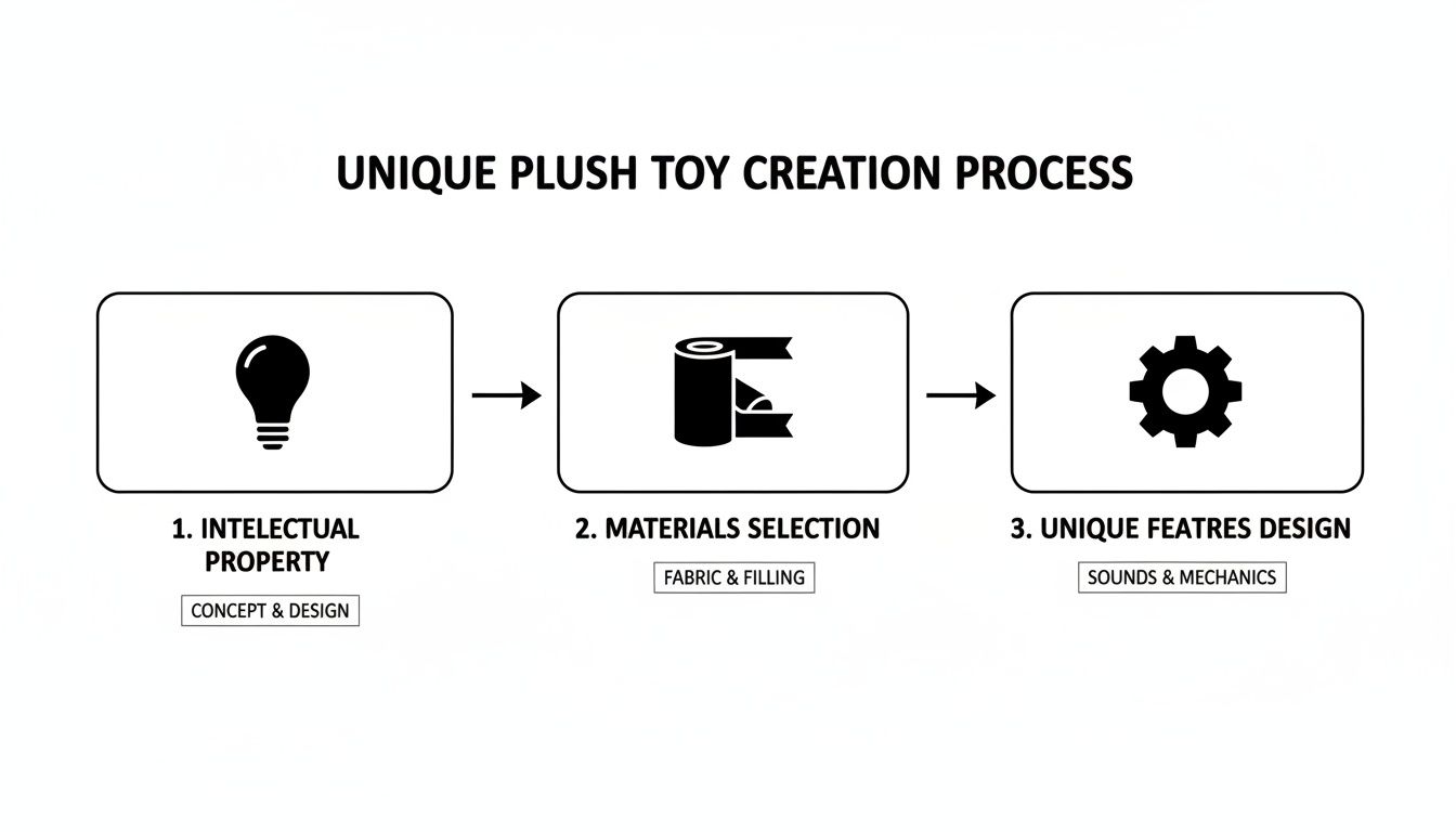 A diagram outlining the three-step process for creating unique plush toys, from concept and design to materials and features.