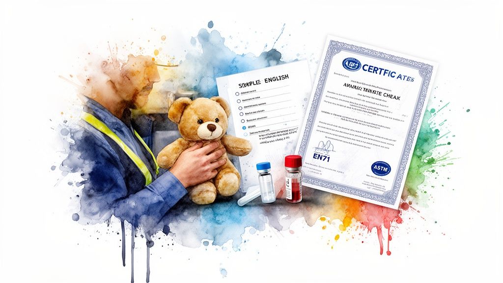 Watercolor image of a worker holding a teddy bear near toy safety certificates and sample vials.