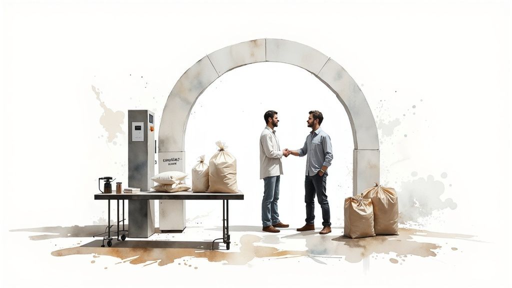 Two men shake hands under an arch, with large bags of material and processing machines.