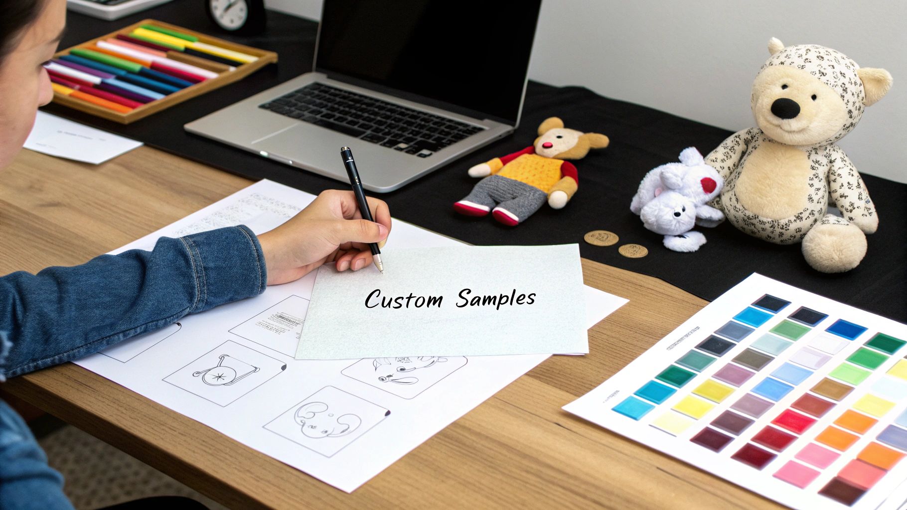 Person working on custom samples for plush toys at a desk with a laptop and color swatches.
