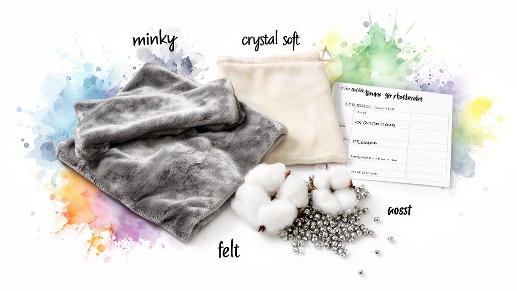 A collection of plush minky, crystal soft, and felt fabrics, cotton bolls, and metal beads.