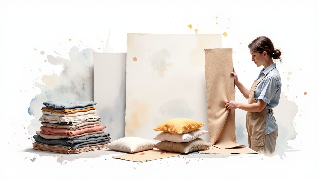 A woman in an apron examines fabric amidst stacks of textiles and pillows, set against a watercolor background.
