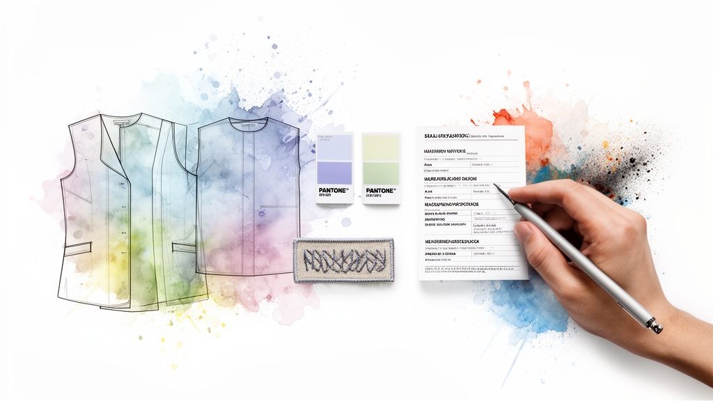 Fashion design concept with garment sketches, Pantone colors, embroidered patch, and hand writing on a form.