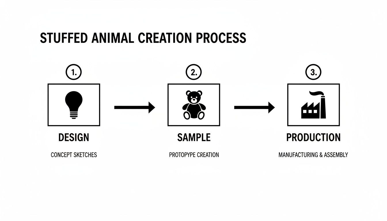 A flowchart illustrating the three-step stuffed animal creation process: design, sample, and production.