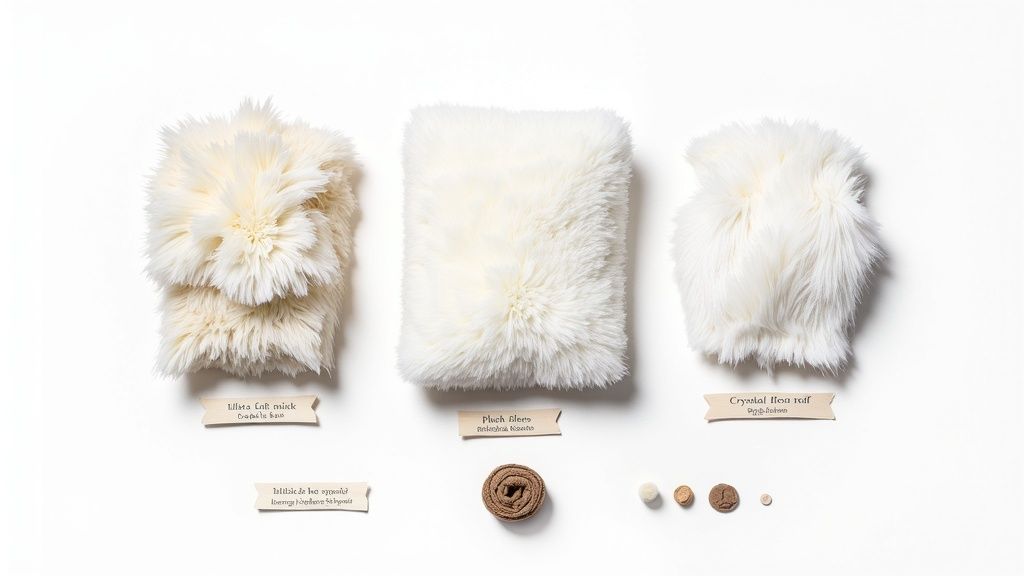Three samples of white faux fur fabric with various textures, displayed with small craft buttons.