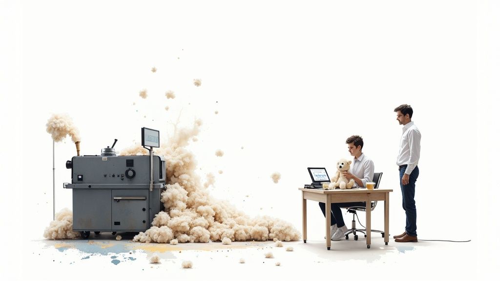 A machine emits a large pile of cotton-like fluff while two men interact with a laptop and a teddy bear.