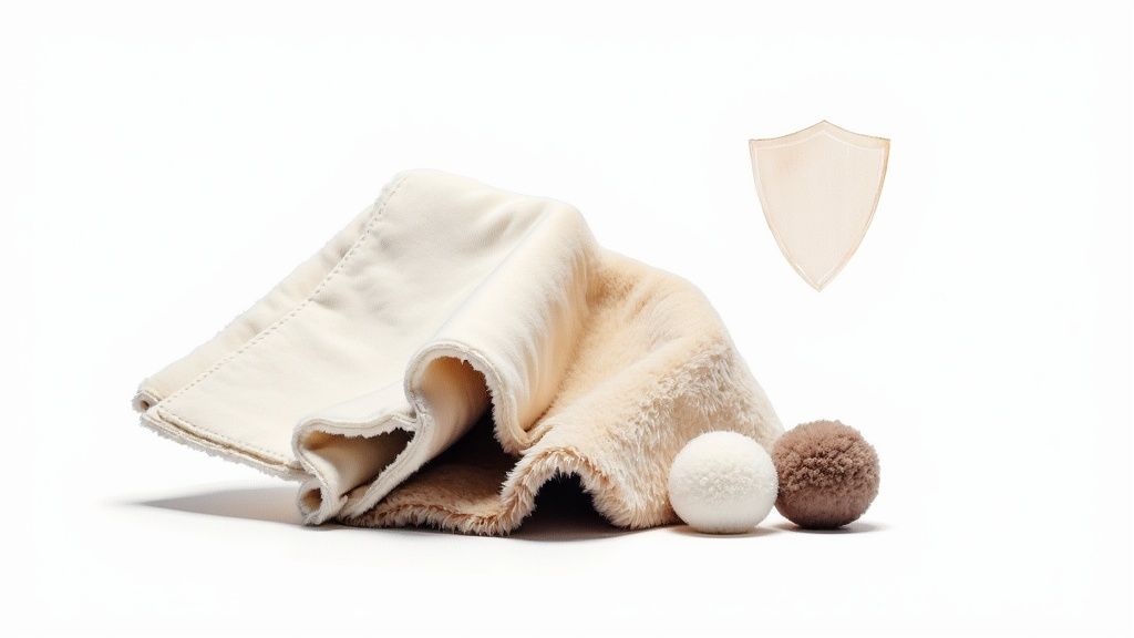 Soft cream-colored fleece fabric and two fluffy pom-poms next to a shield emblem.