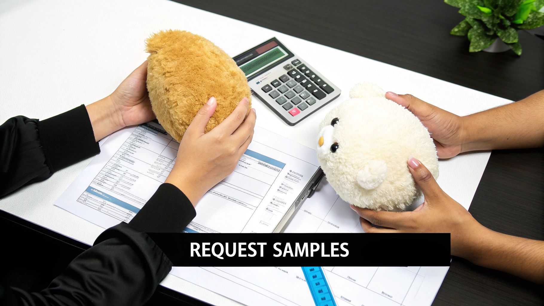 Hands hold brown and white fluffy stuffed animals over documents and a calculator on a desk, requesting samples.