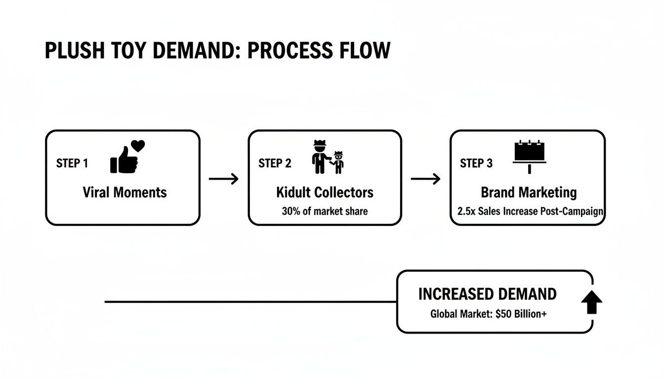 A process flow diagram showing steps leading to increased plush toy demand globally, exceeding $50 billion.