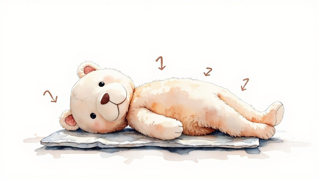 A cute watercolor illustration of a sleeping cream-colored teddy bear on a soft grey mat.
