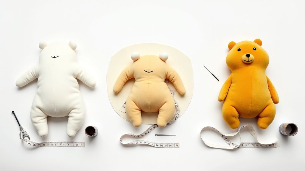 Three plush toys in different colors, depicting a toy making process with sewing tools.