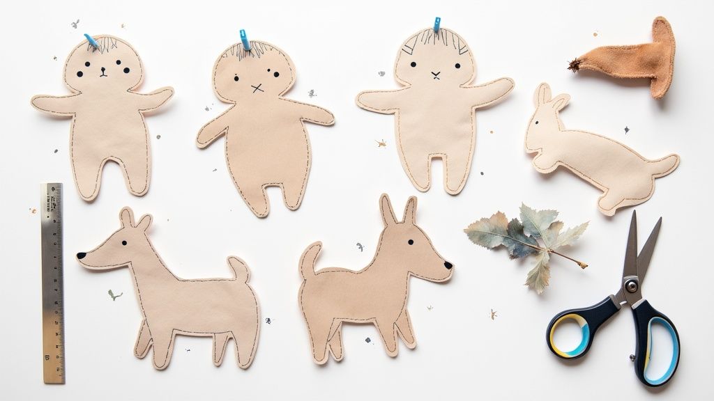 Handmade fabric stuffed animal patterns, craft tools, and leaves on a white background.