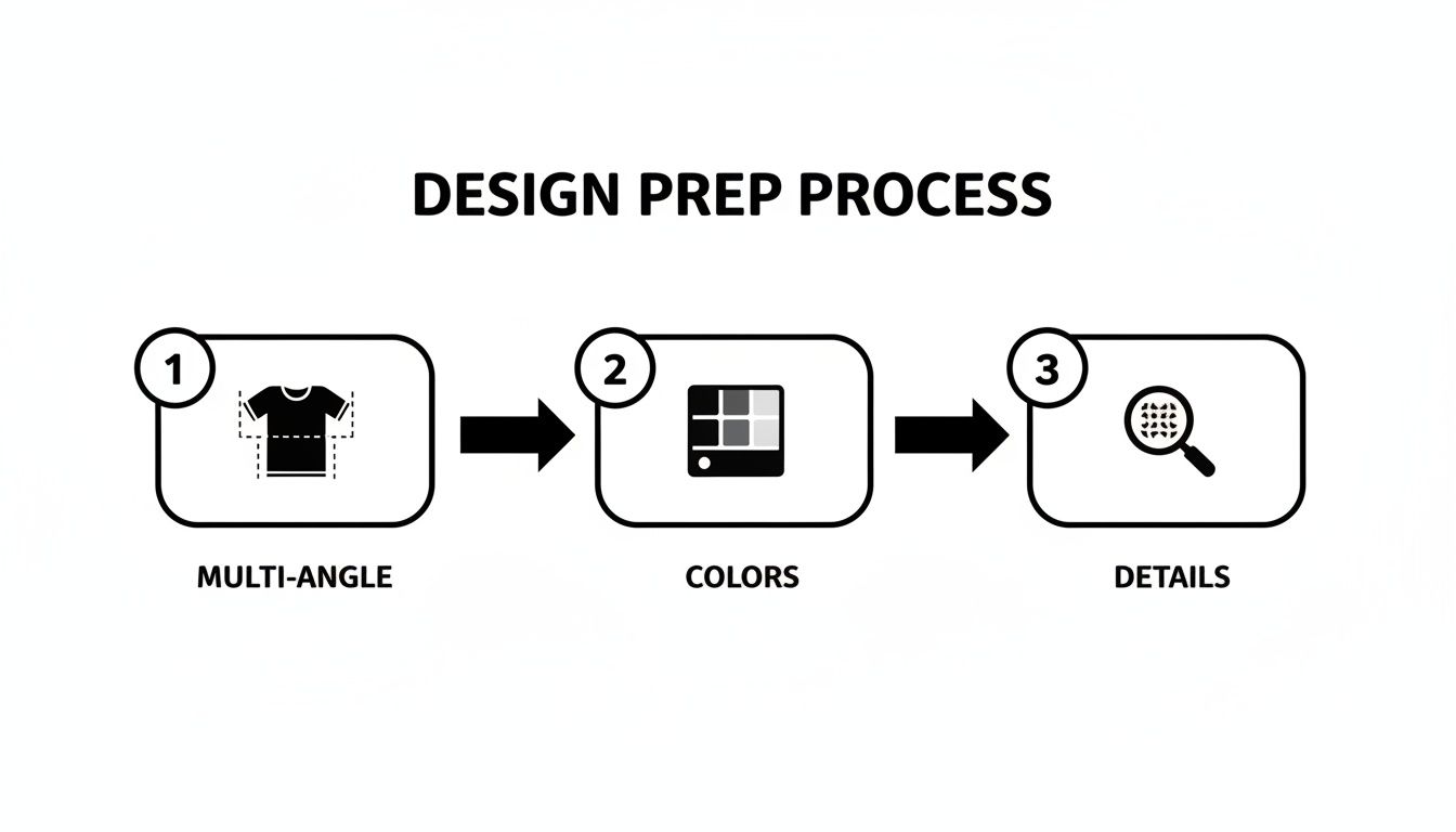 A clear diagram outlining the design preparation process for products, including multi-angle, colors, and details steps.