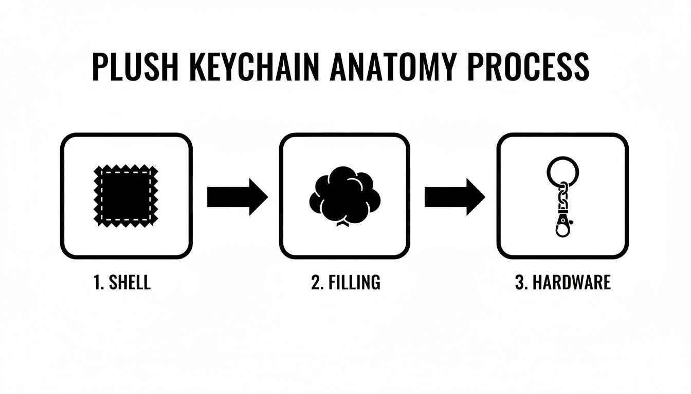 A diagram illustrating the three-step process of making a plush keychain: shell, filling, and hardware components.