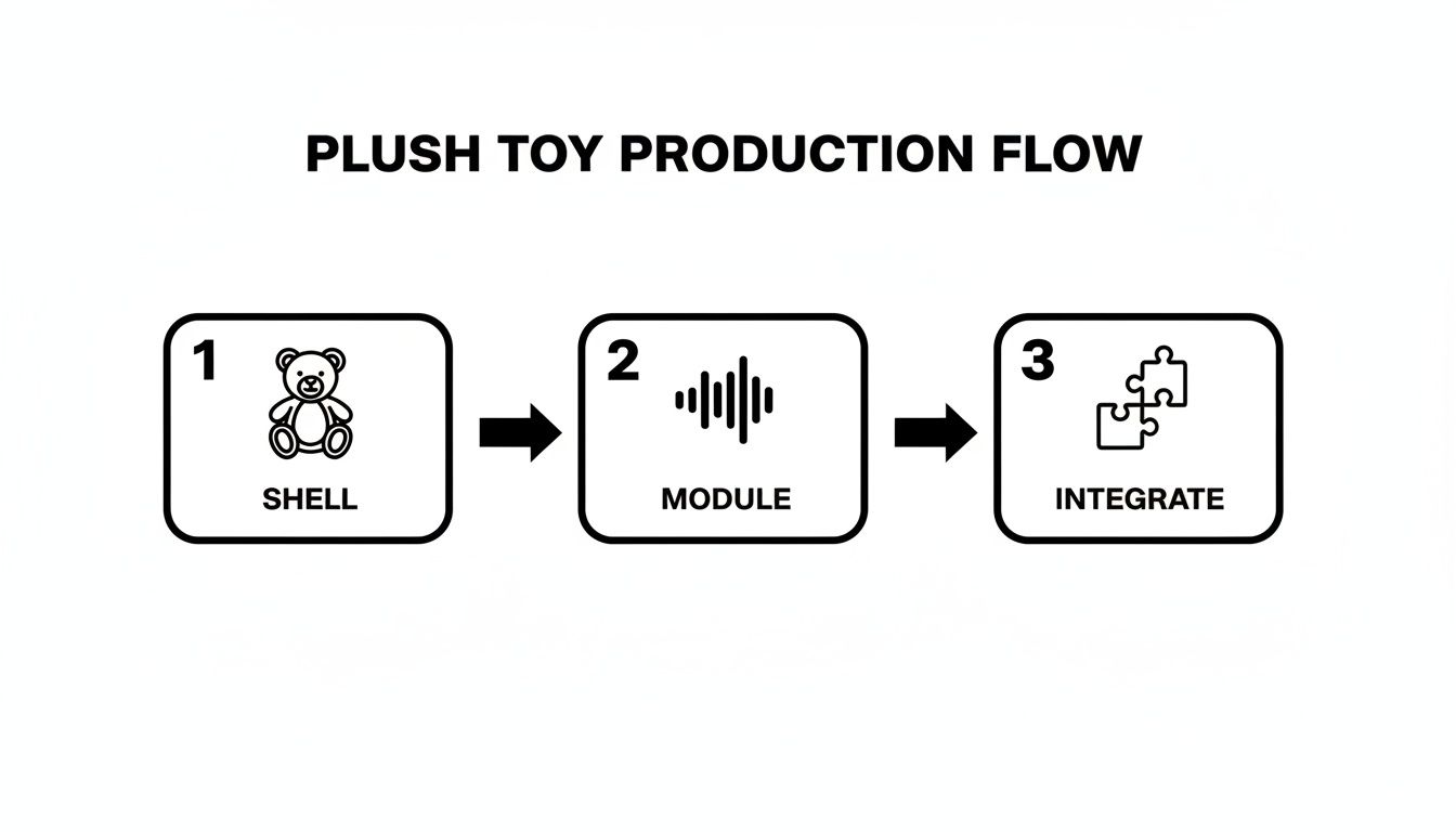 A three-step production flow diagram for interactive plush toys, detailing shell creation, module integration, and final assembly.