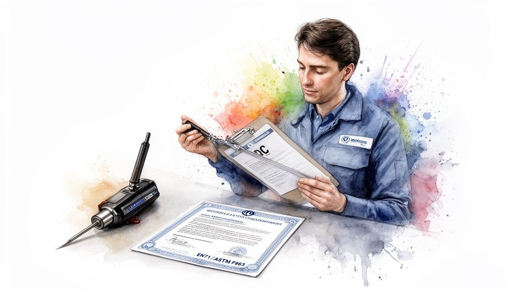 Man performing quality control, reviewing documents for toy safety standards with a testing tool.