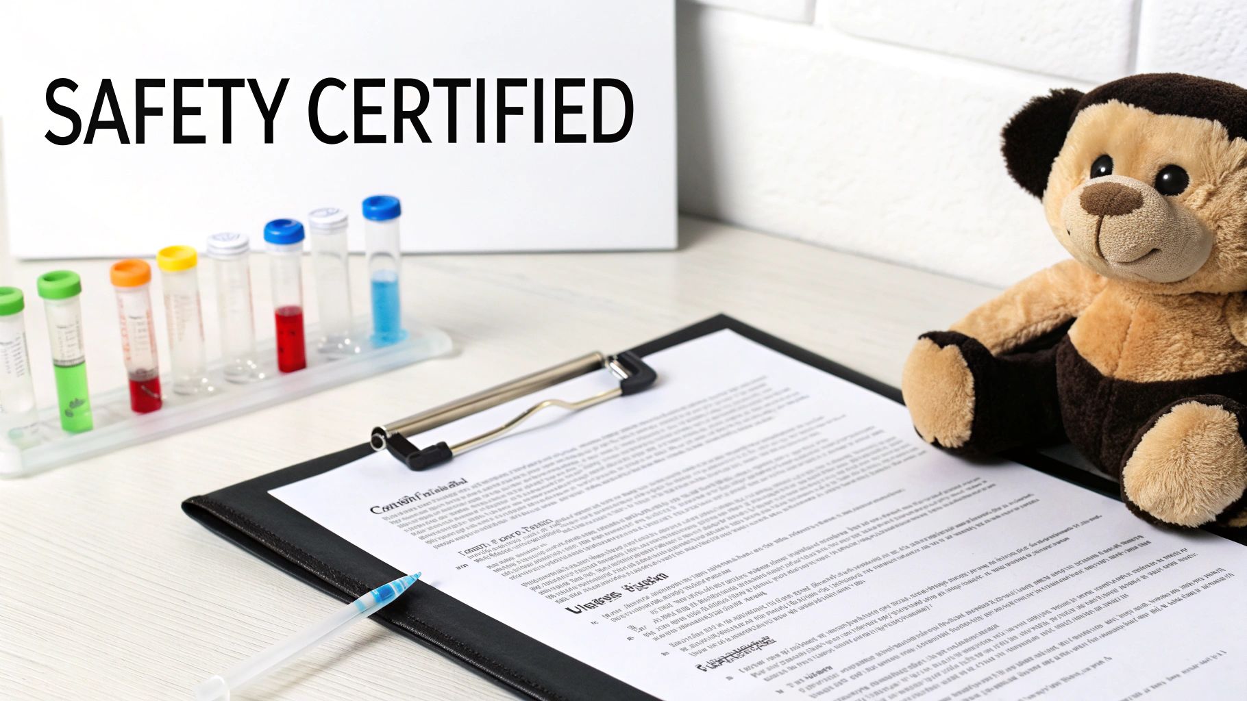 A 'SAFETY CERTIFIED' sign, test tubes, document on a clipboard, and a plush teddy bear on a desk.