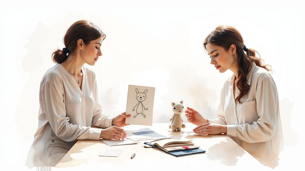 Two women at a table, one holding a child's drawing, the other interacting with a stuffed animal.
