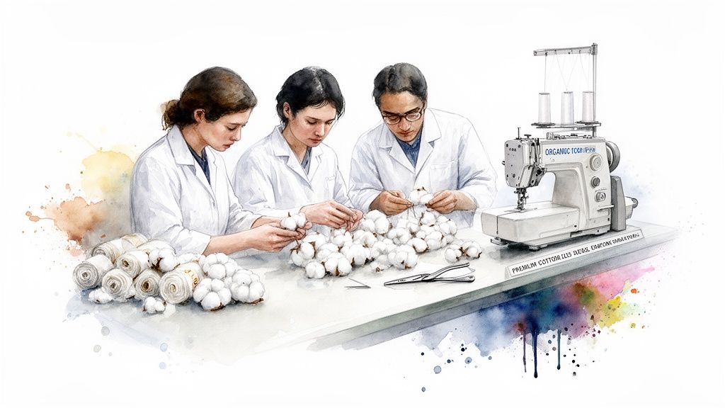 Three people in lab coats inspect organic cotton bolls and fabric on a table with a sewing machine.