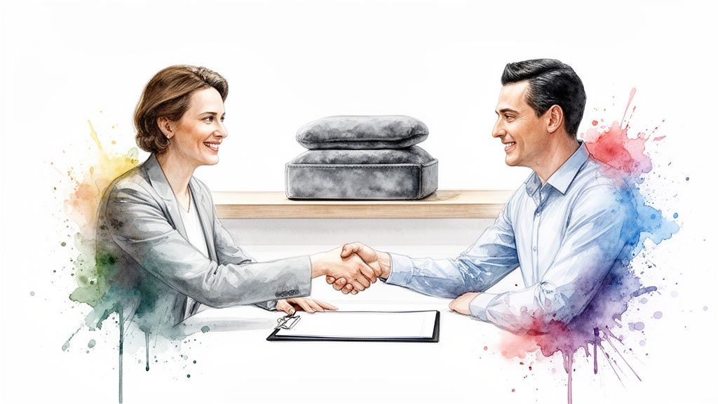 A man and woman in business attire smiling and shaking hands across a table, symbolizing agreement.