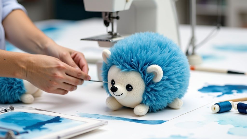 Close-up of hands crafting a fluffy blue hedgehog plush toy with a needle near a sewing machine.