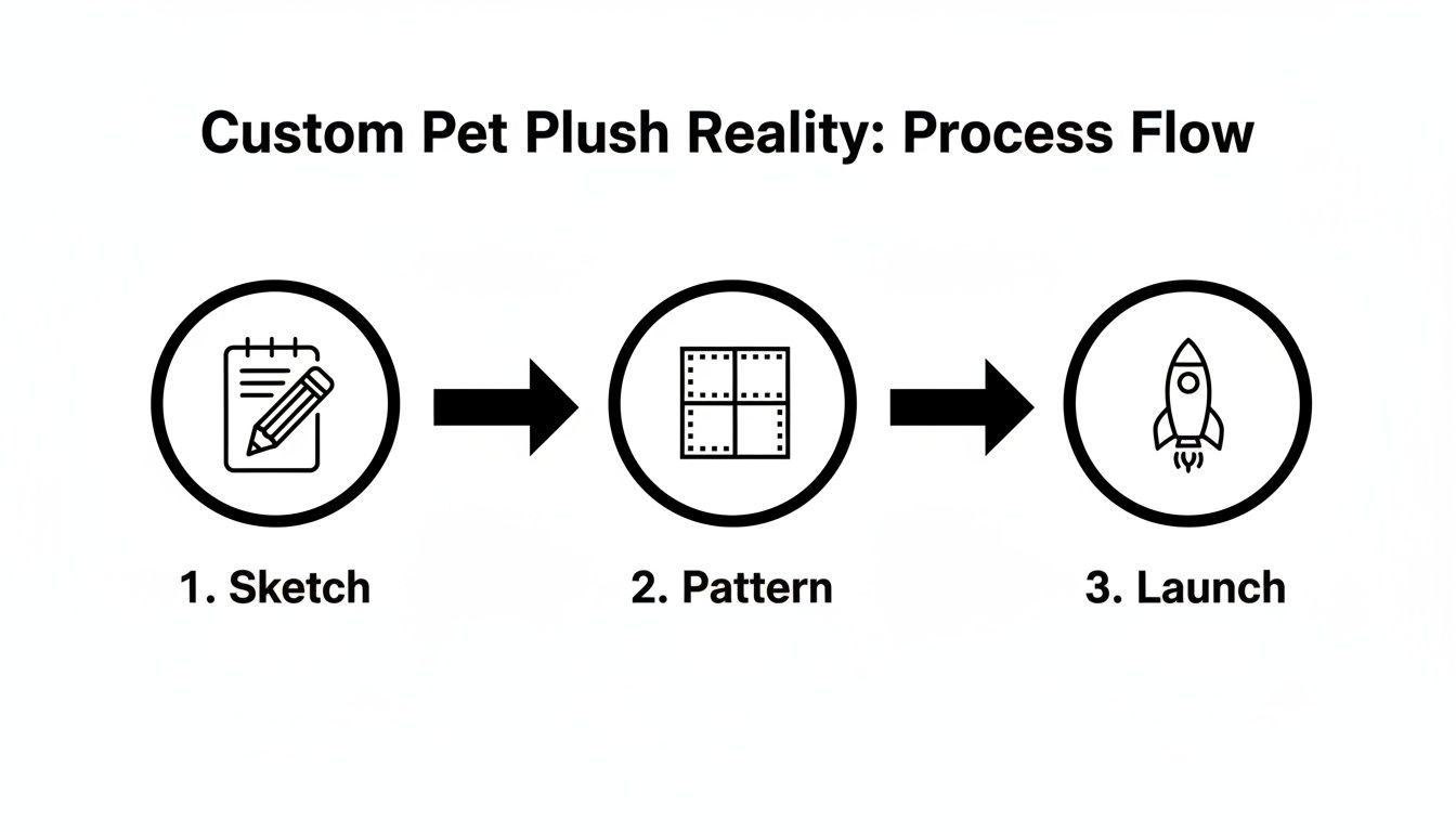 A three-step process flow for creating custom pet plushies, including sketch, pattern, and launch phases.