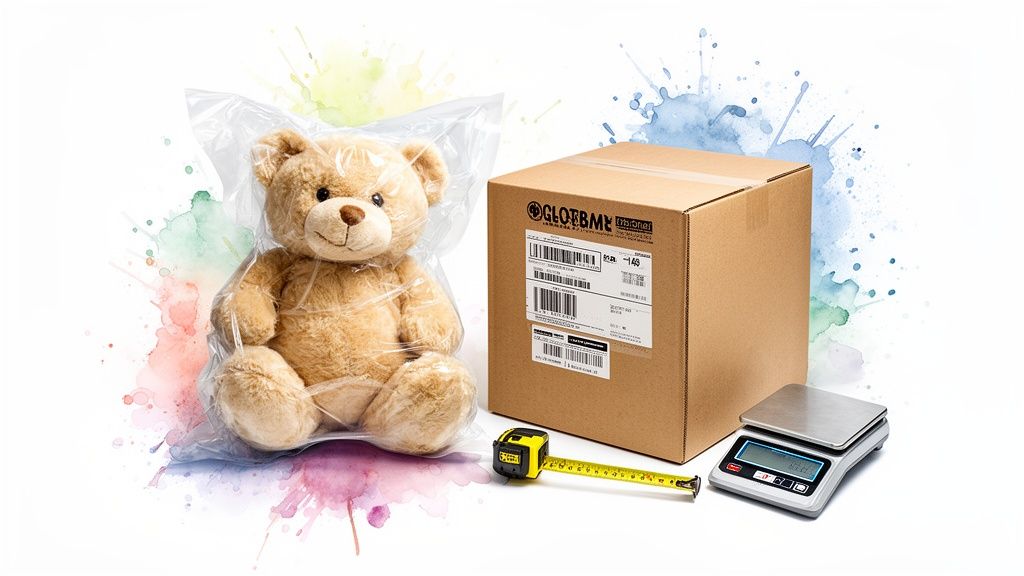 A plush teddy bear in plastic, a shipping box, measuring tape, and a digital scale for packaging.
