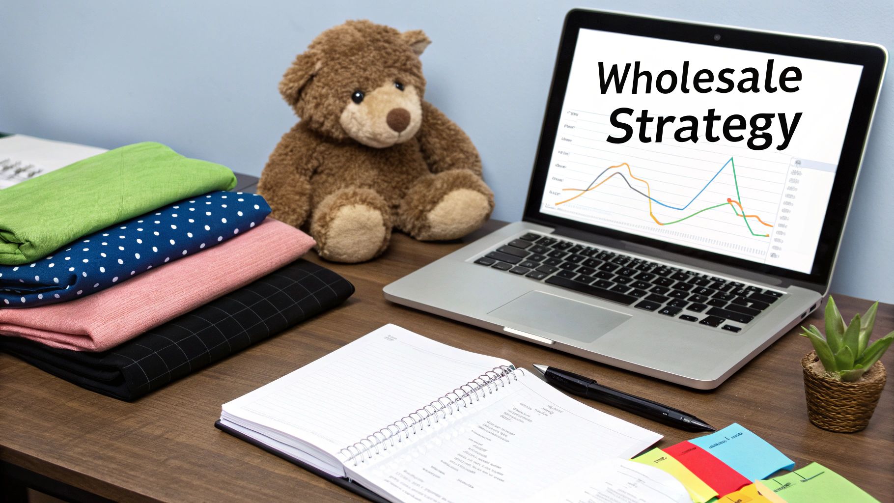 笔记本电脑屏幕上显示“批发策略”和图表,旁边还有泰迪熊、布和笔记本。