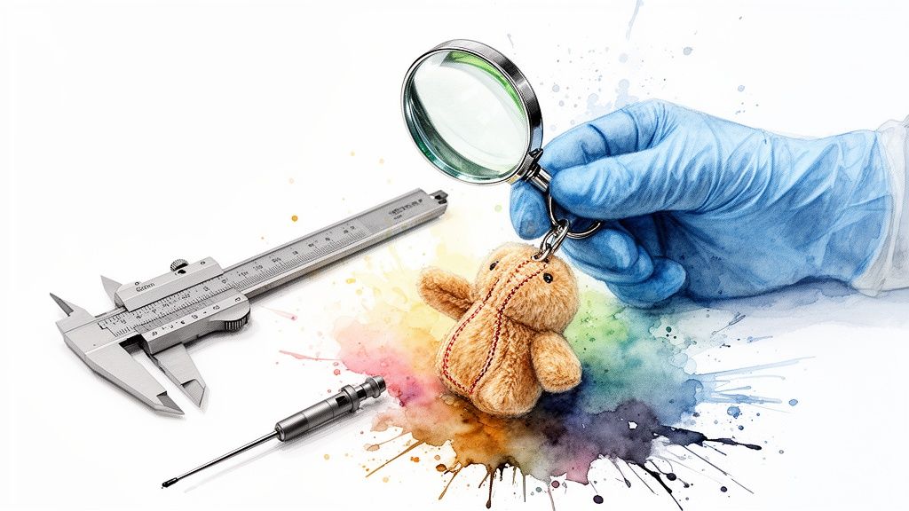 Gloved hand uses a magnifying glass to examine a plush toy keychain, with a caliper nearby.