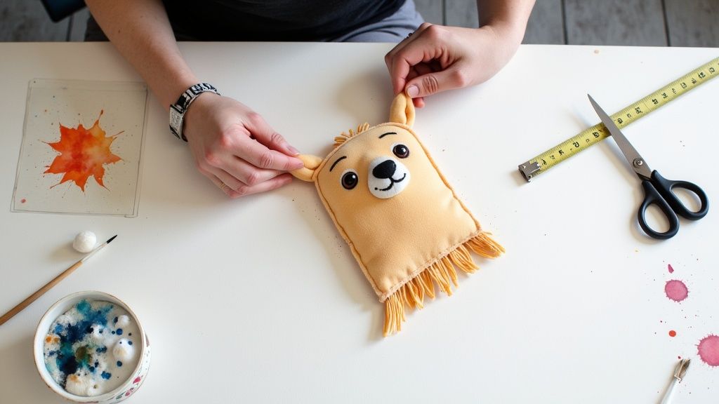 A person's hands craft a charming light brown plush toy on a white table amidst art supplies.