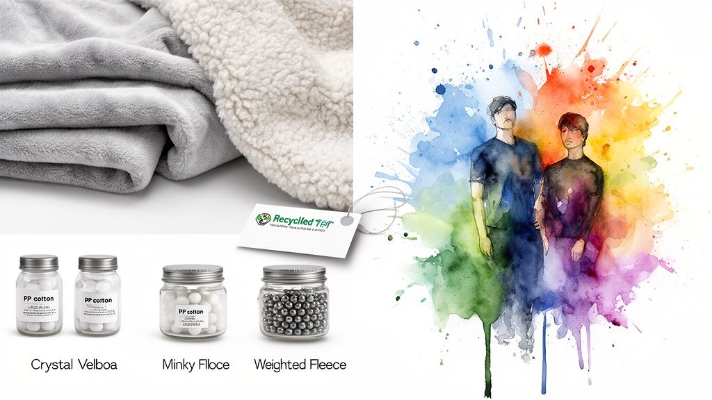 Soft gray and white sherpa blanket, a recycled tag, filling material jars (cotton, beads), and a watercolor of two men.