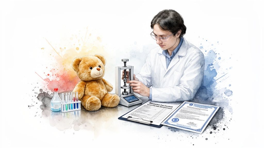 A scientist in a lab coat meticulously tests a teddy bear's material using a specialized instrument, with lab equipment and documents present.
